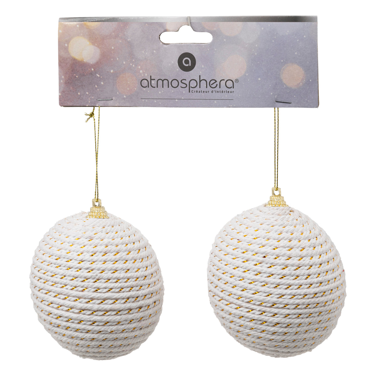 Boule polyfoam et corde de diamètre blanc & or – Atmosphera – 2 pièces – 8 cm