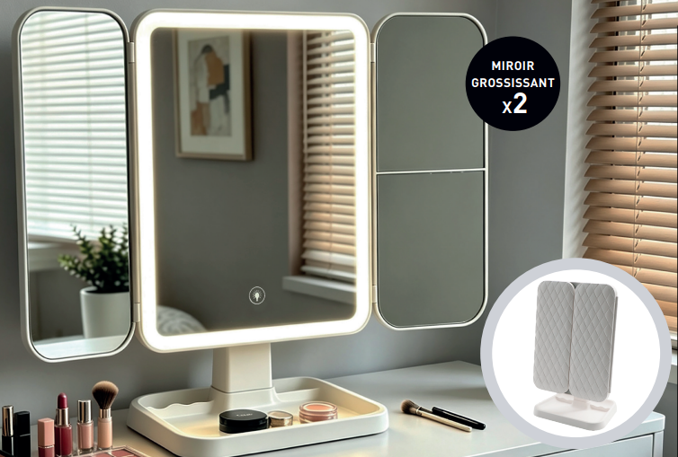 Miroir triptyque LED à poser, pliable et grossissant