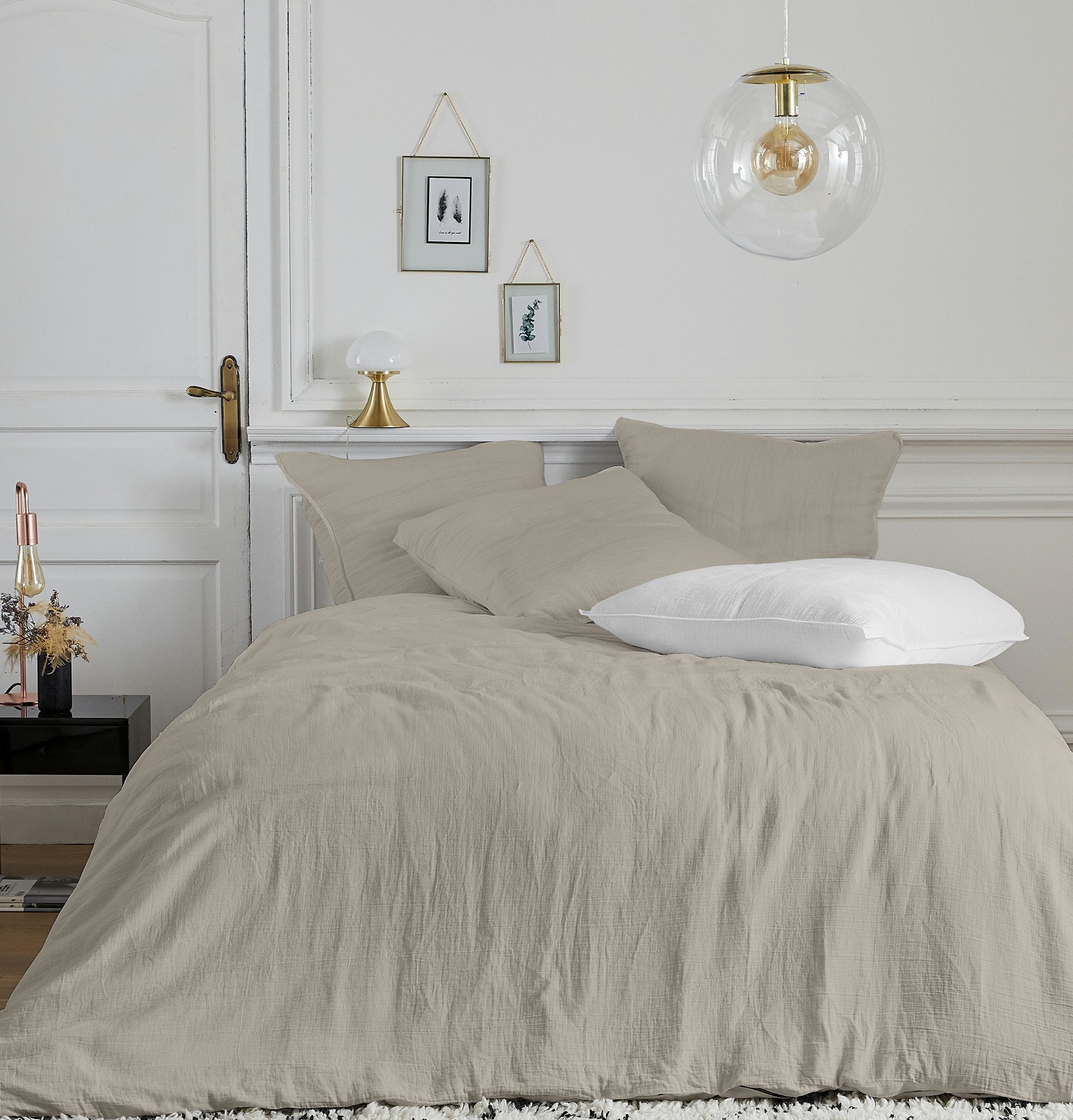 Housse de couette gaze de coton taupe + 2 taies d'oreiller