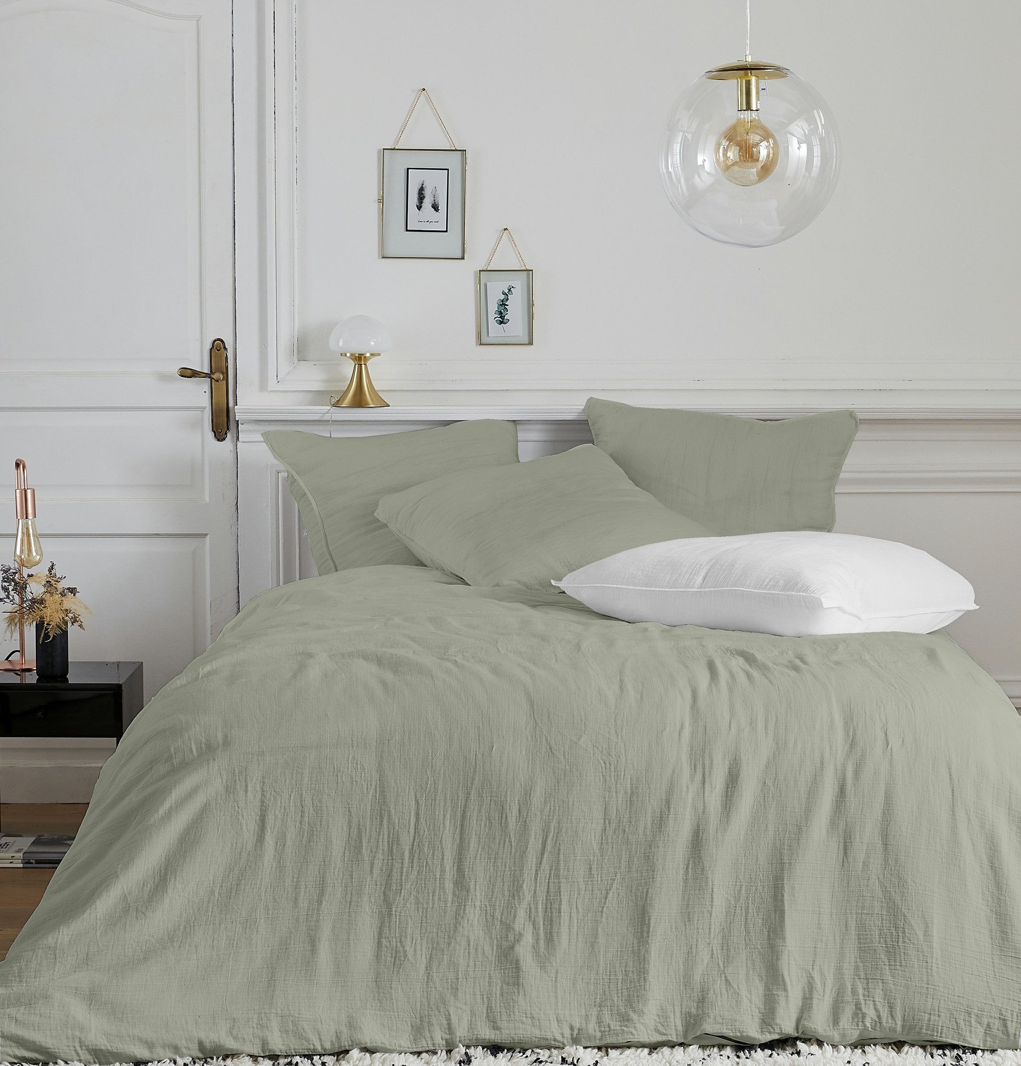 Housse de couette gaze de coton vert + 2 taies d'oreiller
