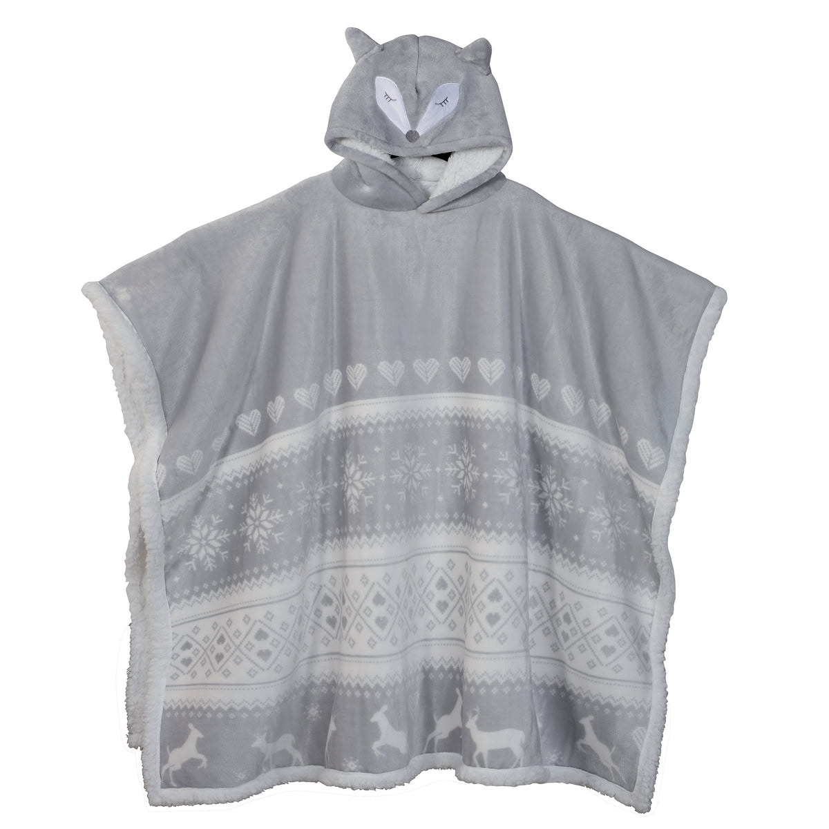 Poncho Noël double sherpa tête de renard 180x124 cm