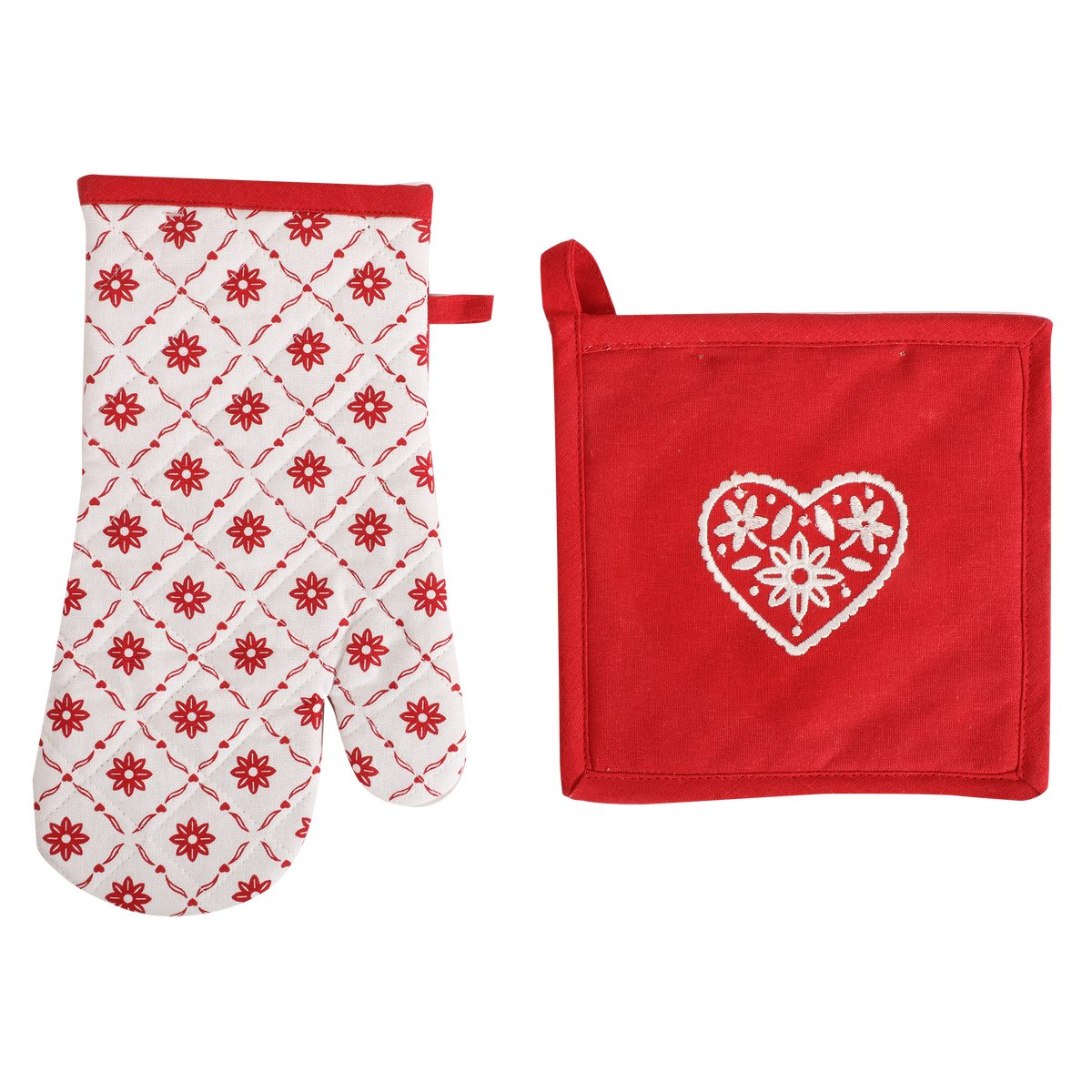 Gant et manique cœur Déclic Home 100 % coton – 18 × 32 et 20 × 20 cm - Rouge