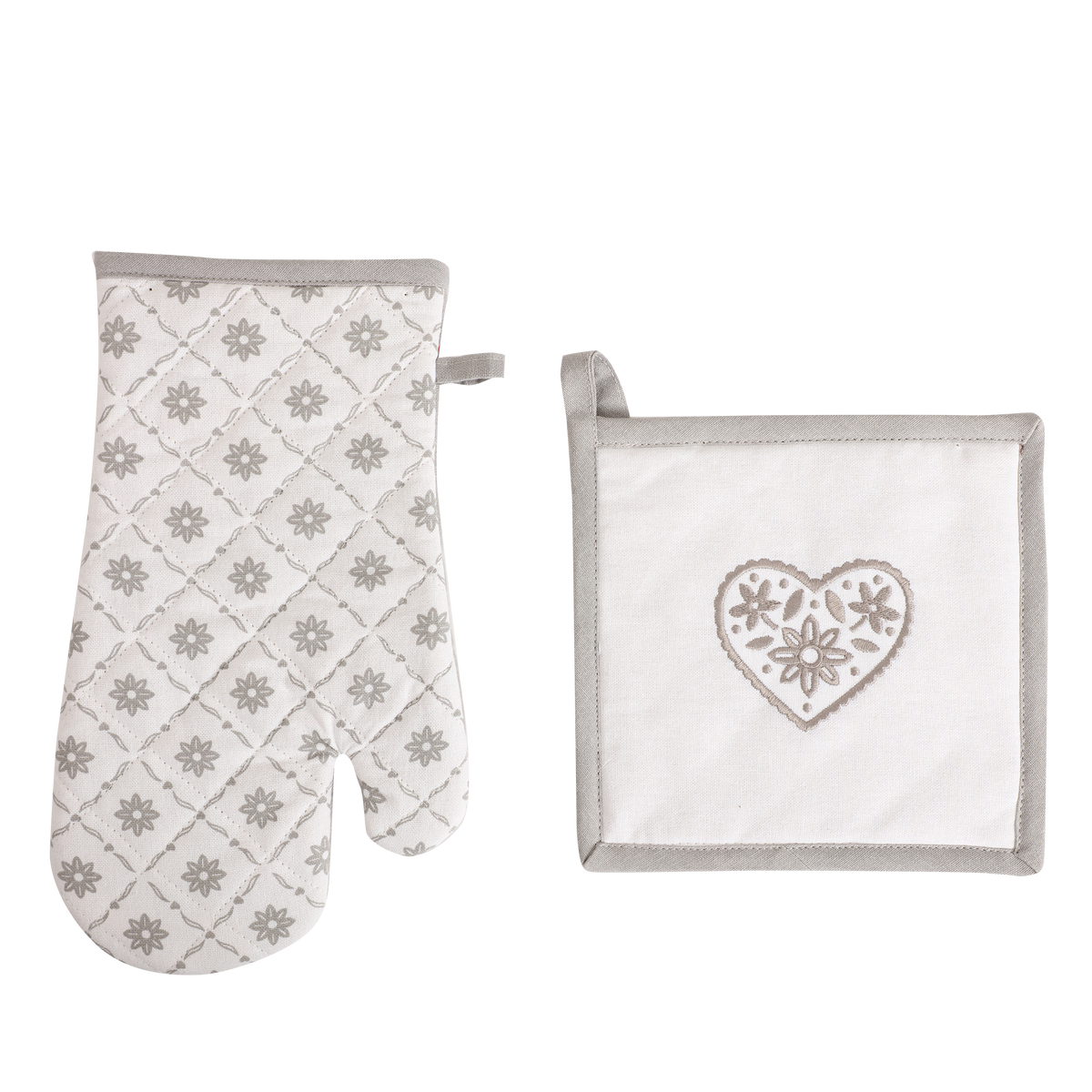 Gant et manique cœur Déclic Home 100 % coton – 18 × 32 et 20 × 20 cm - Gris