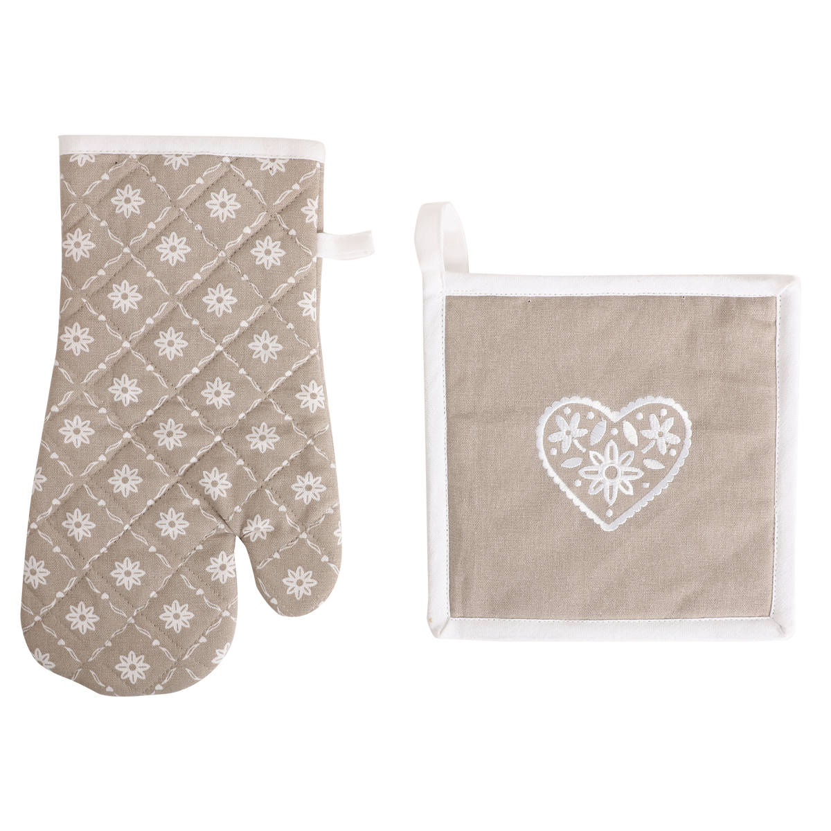 Gant et manique cœur Déclic Home 100 % coton – 18 × 32 et 20 × 20 cm - Marron