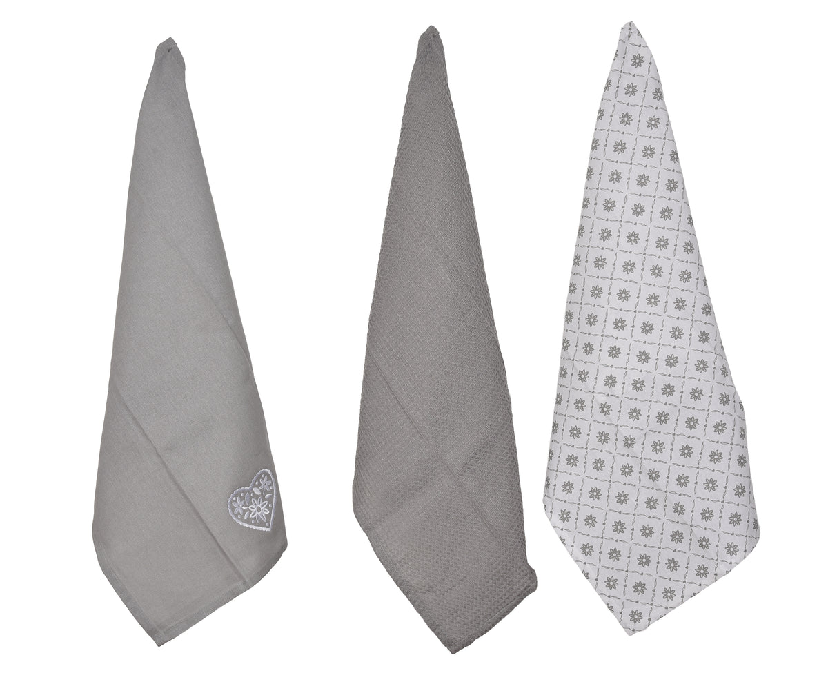 Lot de 3 torchons brodés cœur Déclic Home 100 % coton – 45 × 65 cm - Marron