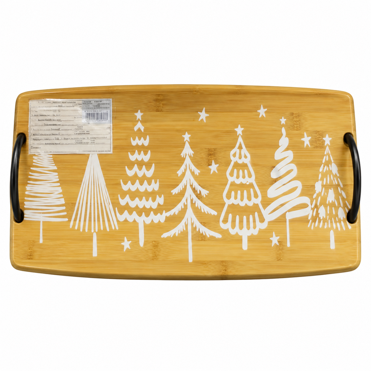 PLATEAU DE PRESENTATION EN BAMBOU AVEC POIGNEE MOTIF SAPINS 27X20 CM